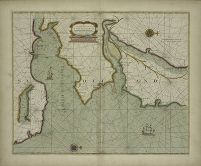 Mapa východního pobřeží Skotska z námořního atlasu obsahujícího hydrografický popis většiny mořských pobřeží známých částí světa od Samuela Thorntona, 1707 (ručně kolorovaný tisk) od English School