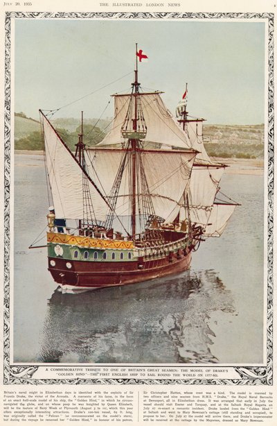 Pamětní pocta jednomu z velkých britských námořníků: modelu Drakes Golden Hind, první anglické lodi, která v letech 1577-80 obeplula svět, od The Illustrated London News Royal Naval a Mi od English School