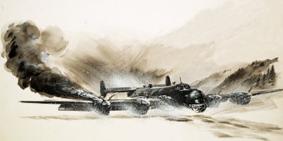 Zmrzačený bombardér Halifax přistane na ledu od English School