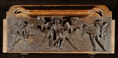 Poškozený misericord zobrazující tři muže bojující s dýkami a meči, New College Chapel, Oxford, konec 14. století (dřevo) od English School
