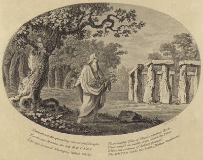 Druid bere řízky s kosou vedle starověkého monumentu od English School