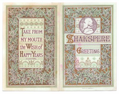 Přední a zadní obálka viktoriánské blahopřání s obrazem Williama Shakespeara, kolem roku 1880 (barevné lito) od English School