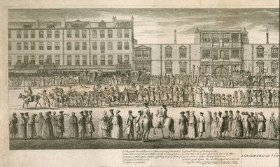 Geometrický pohled na velkolepý průvod zednářů Scald Miserable, Somerset House, Londýn od English School