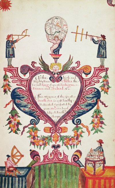 Dar věnovaný Karlu II. od Bartholomewa Sharpa, asi 1681 (pero, tuš a čb) od English School