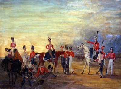 Skupina důstojníků a mužů z Yorkshire Yeomanry v různých pořadích oblékání, kolem roku 1820 od English School