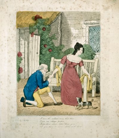 Ručně kolorovaná litografovaná scéna muže, který navrhuje, kolem roku 1800 od English School