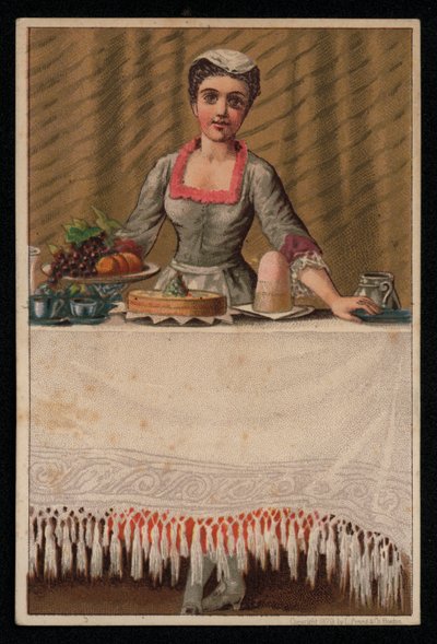 Pokojská nebo obsluhující dívka, kterým se stůl s jídlem, blahopřání. (chromolitho) od English School