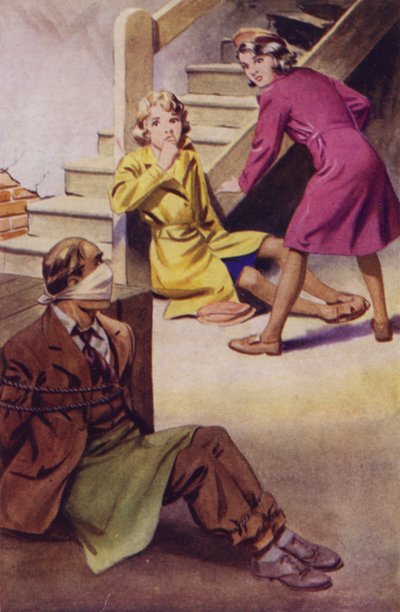 Muž svázaný, s roubíkem a sedící na podlaze, zatímco se na něj dívají dvě dívky (barva litho) od English School