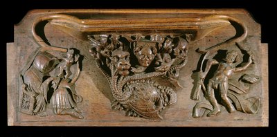 Misericord zobrazující komplikovaně vyřezávanou hydru, symbolizující sedm smrtelných hříchů, obsahující realistickou lidskou hlavu, New College Chapel, Oxford, konec 14. století (dřevo) od English School