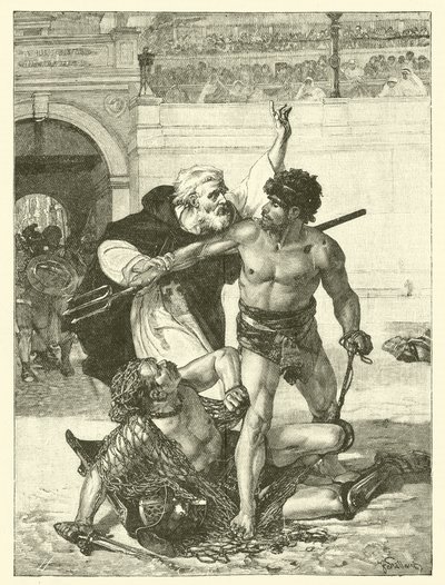 Mnich Telemachus, který se snaží zastavit gladiátorské hry v Koloseu, Řím (rytina) od English School