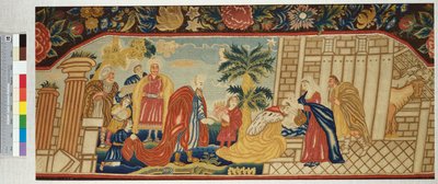 Vyšívané sedátko pohovky jemně vypracované ve stanu stehem zobrazující Klanění tří králů, kolem roku 1730 od English School