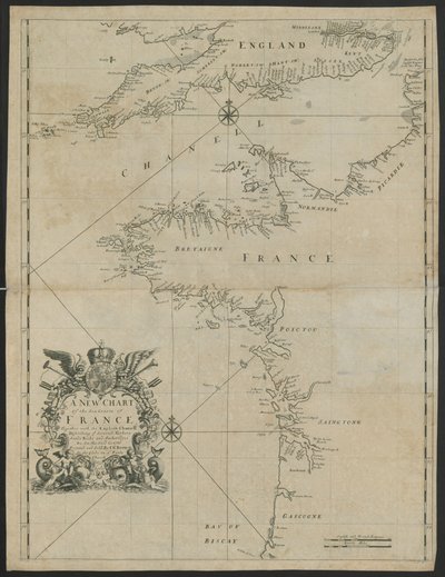 „Nová mapa mořských pobřeží Francie spolu s Lamanšským průlivem“, c.1730 (litho) od English School