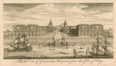 Severní pohled na Greenwich Hospital, Londýn, z Isle of Dogs od English School