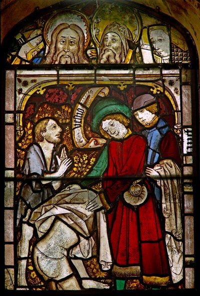 Panel ve východním okně zobrazující Works of Mercy: oblečení nahých: také některé jemné resetované hlavy od English School