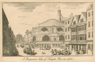 Perspektivní pohled na Temple Bar, Londýn, v roce 1753 od English School