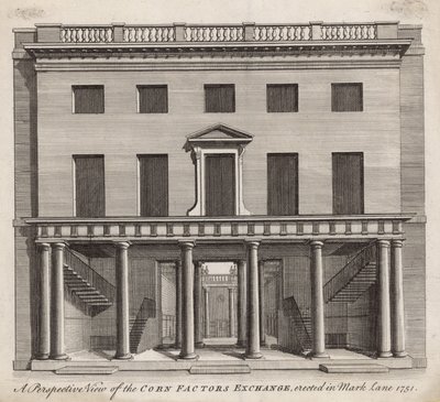 Perspektivní pohled na Corn Factors Exchange, postavený v Mark Lane 1751 od English School