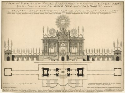 Plán a výška královského ohňostroje, který má být proveden v parku St James, 27. dubna 1749 od English School