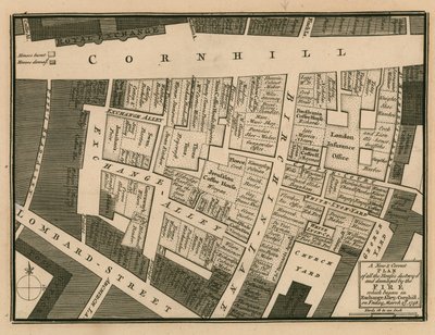 Plán domů zničených při požáru, který začal v Exchange Alley, Cornhill, Londýn, 25. března 1748 od English School
