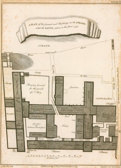 Plán pozemku a budov v Strand zvaném Savoy, pořízený v roce 1736 od English School