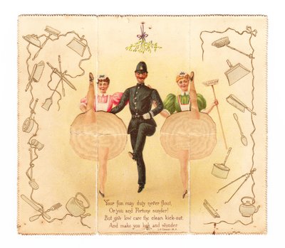 Vyskakovací kartička s policistou a dvěma ženami, kteří dělají vysoký kop, cca 1920 (barevná litografie) od English School