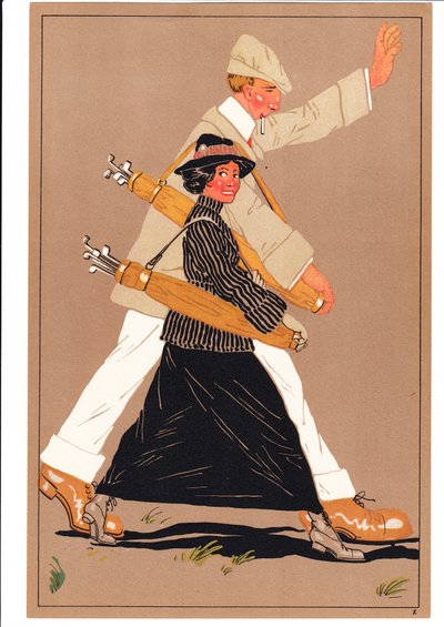 Tisk dvou golfistů v komických a vtipných polohách, kolem roku 1920 od English School