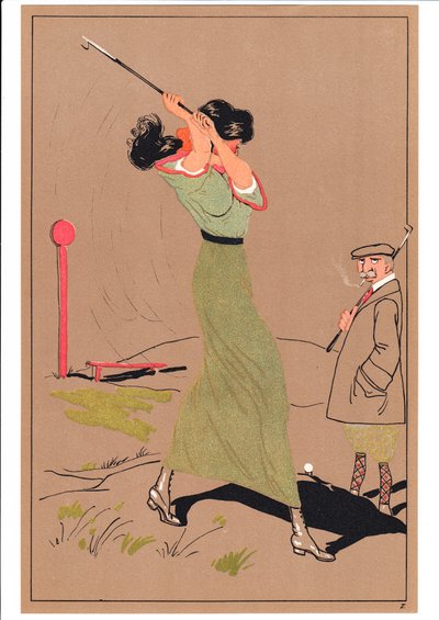 Tisk dvou golfistů v komických a vtipných polohách, kolem roku 1920 od English School
