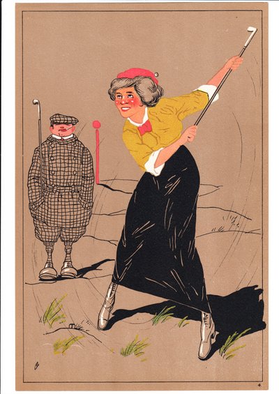 Tisk dvou golfistů v komických a vtipných polohách, kolem roku 1920 od English School