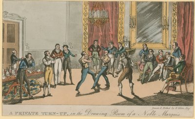 Ein privater Auftritt im Salon eines edlen Marquis (farbiger Stich) von English School