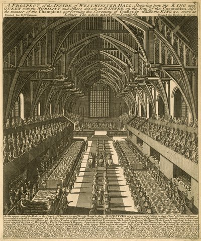 Vyhlídka zevnitř Westminster Hall ukazující, jak král a královna se šlechtou a dalšími seděli u večeře v den korunovace od English School