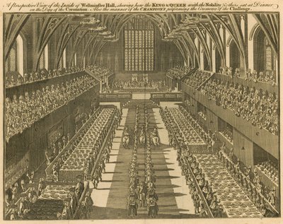 Vyhlídka zevnitř Westminster Hall ukazující, jak král a královna se šlechtou a dalšími seděli u večeře v den korunovace od English School