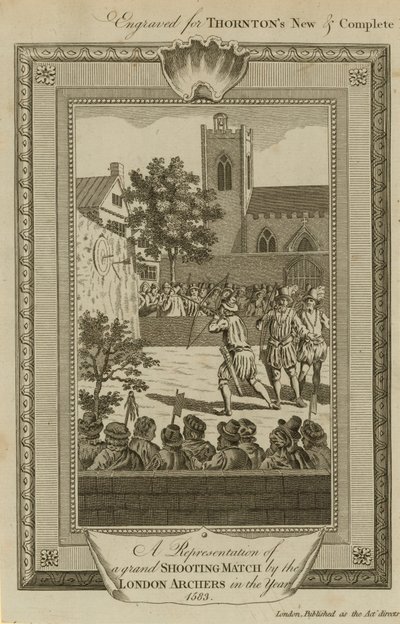 Znázornění velkého střeleckého zápasu londýnských lukostřelců v roce 1583 od English School