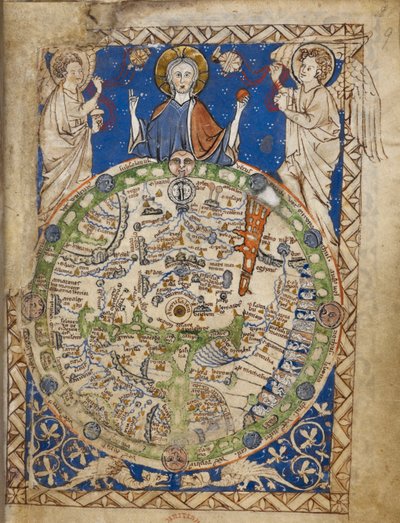 Kruhová mapa světa, zasazená do čtvercového ornamentálního rámu, uprostřed Jeruzalém, s pásmem větrů, postavami obyvatel atd. od English School