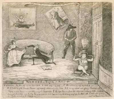 Scéna z F Reynoldss burlesky Werter, poprvé provedená v Covent Garden Theatre v Londýně dne 14. března 1786 od English School