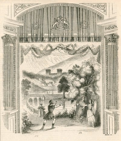 Scéna ze hry Král Artuš, divadlo Drury Lane, Londýn od English School