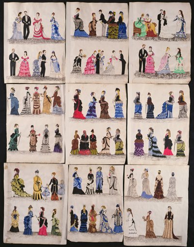 Výběr viktoriánské módy včetně plesových a vycházkových šatů, cca 1876 (čb na papíře) od English School