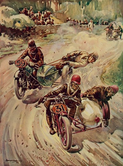 Turistický závod sidecarů (barevná litografie) od English School