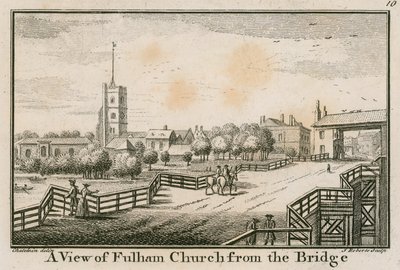 Pohled na Fulham Church, Londýn, z Fulham Bridge od English School