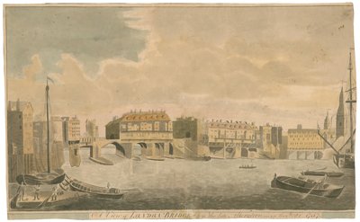 Pohled na Old London Bridge před úpravami, jako v roce 1757 od English School