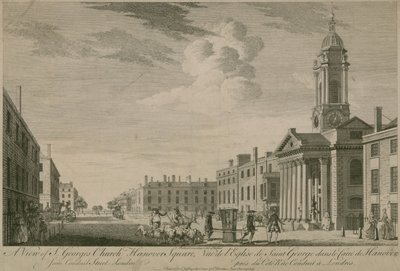 Pohled na St Georges Church, Hanover Square, z Conduit Street, Londýn od English School