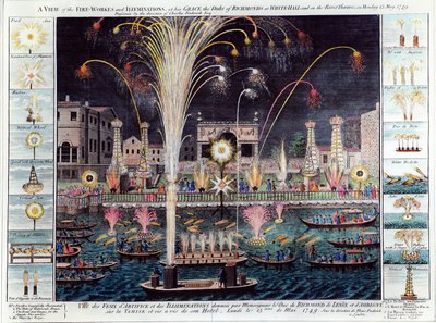Pohled na Ohňostroje a Iluminace u jeho Milosti vévody z Richmondu ve White-hall a na řece Temži, v pondělí 15. května 1749 (ručně kolorovaná rytina) od English School
