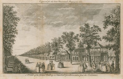 Pohled na Grand Walk ve Vauxhall Gardens v Londýně od vchodu od English School