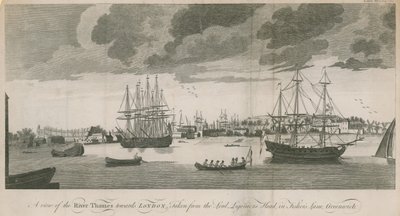 Pohled na řeku Temži směrem k Londýnu, pořízený z Lord Ligoniers Head ve Fishers Lane, Greenwich od English School
