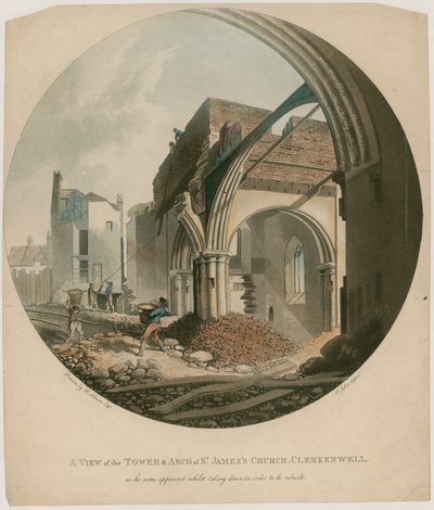 Pohled na věž a oblouk kostela St Jamess v Clerkenwellu od English School