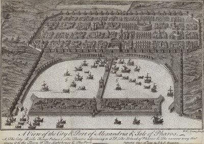 Pohled na město a přístav Alexandrie a ostrov Pharos, Egypt, 1738 od English School