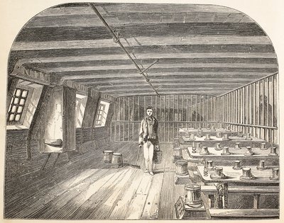 Oddělení na palubě lodi Defence hulk zařídilo návrat odsouzených k večeři, ilustrace z knihy The Criminal Prisons of London and Scenes from Prison Life od Henryho Mayhewa a Johna Binnyho, pub. 18 od English School
