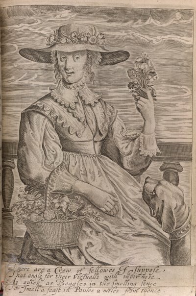 Žena s květinami, ilustrace z „Práce pro nikoho kromě andělů a mužů“, od Sira Johna Daviese, vytištěno 1653 (litho) od English School