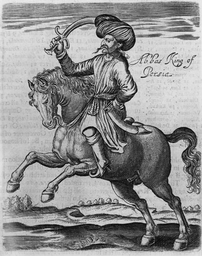 Abbas King of Persia, ilustrace z „Několik let cestování do Afriky a Asie“ od Sira Thomase Herberta, 1634 (rytina) od English School