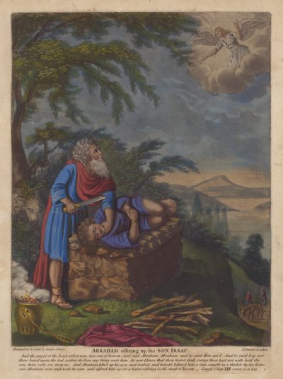 Abraham obětuje svého syna Izáka (barevná litografie) od English School