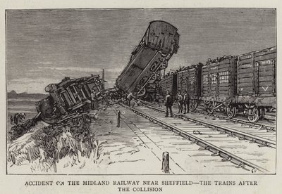 Nehoda na Midland Railway poblíž Sheffieldu, vlaky po kolizi (rytina) od English School