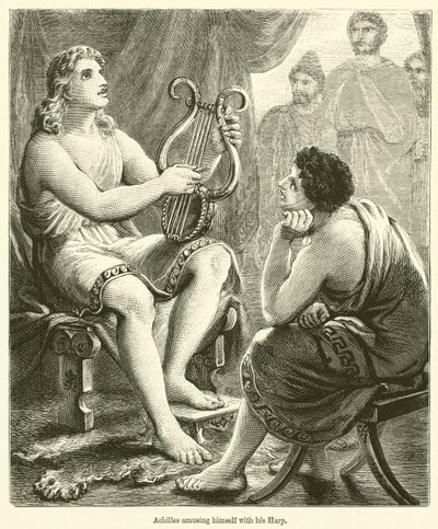 Achilles se baví se svou harfou (rytina) od English School